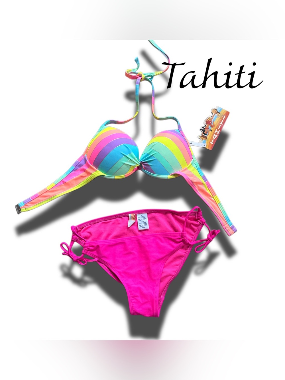 Tahiti Women's Rainbow Stripe Push-Up Bikini Top & Pink Tie-Side Bottom